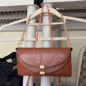 Chloe Tan Brown Double Flap Wallet Clutch